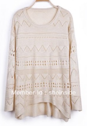 Free Shipping Lady's Stylish Perfect Beige Geometric Eyelet Embellished Knit Jumper Sweater