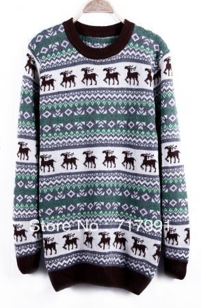 Free Shipping Lady's Stylish Perfect Green Deer with Snowflake Fair Isle Pattern Sweater