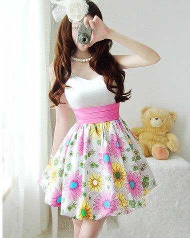 Free shipping lady satin drill dress beautiful daisy print lantern design ball gown one piece dress 583