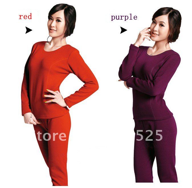 Free shipping Lady wool cotton lycra pure color thermal underwear thickening cotton round collar suit