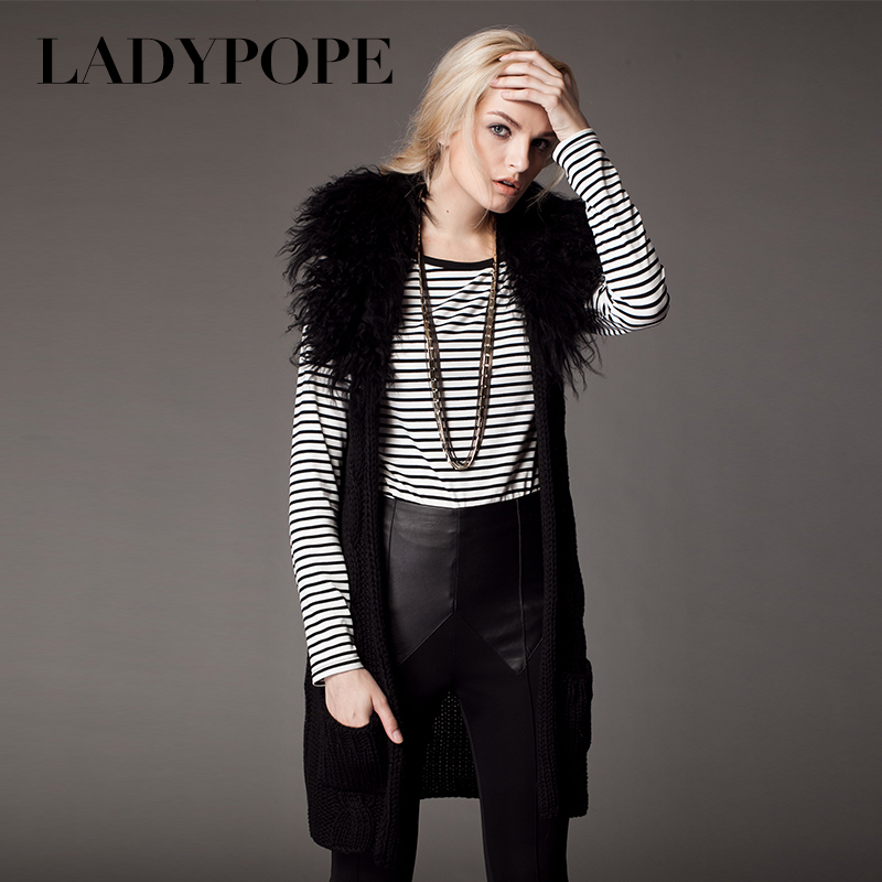 FREE SHIPPING Ladypope2013 spring new arrival fashion women's fur collar sleeveless cardigan loose sweater yarn 21h010