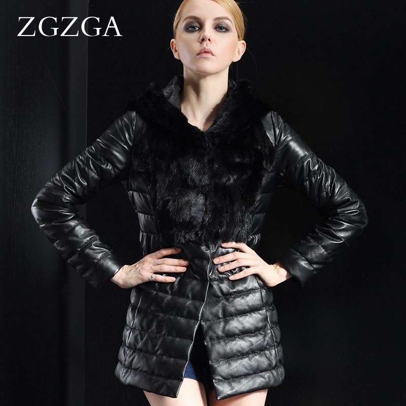 free shipping  large fur collar hooded sheepskin genuine leather sheep down leather clothing slim medium-long women's