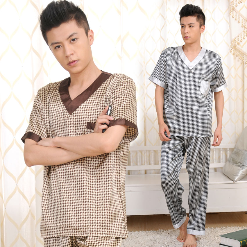 Free shipping Large lounge faux silk short sleeve length pants sleepwear twinset male summer short-sleeve