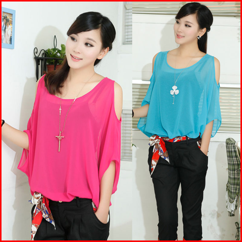 free shipping Large-neck strapless T-shirt short-sleeve chiffon shirt top candy color shirt summer loose plus size