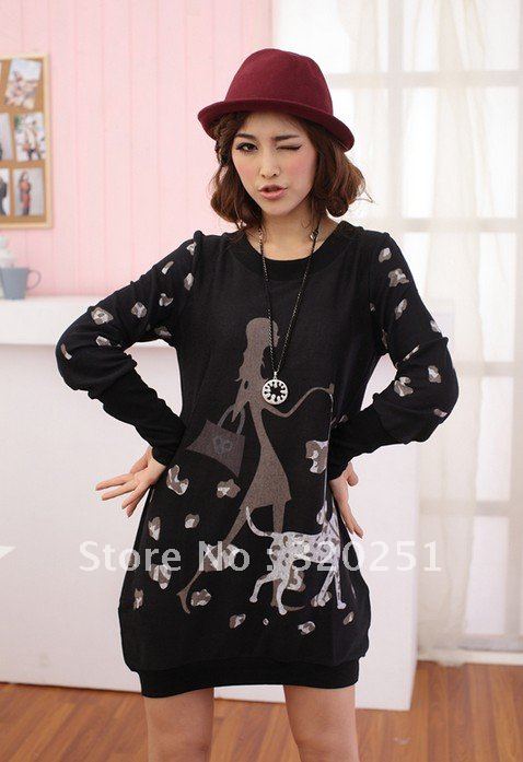 free shipping Large size women's cartoon round neck loose flexibility wild long-sleeved T-shirt dms034