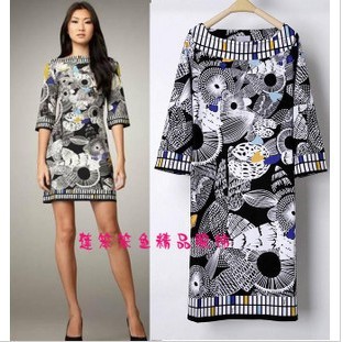 Free shipping Latest dress dress atmospheric contracted printed signatures knitted elastic dress