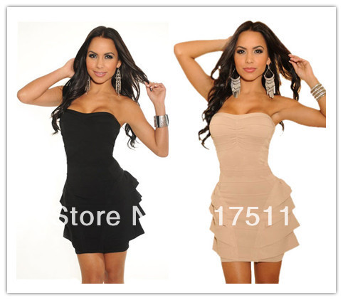 Free Shipping LC2626 Punk Style Sexy Club Wear Strapless Dress Vogue Tube Top Slim Off Shoulder Ruffles Pleated Dress Pink&Black