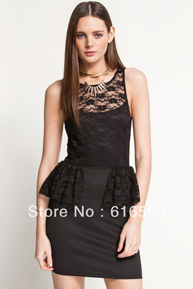 Free Shipping LC2689 Vogue Ruffle Waist Lace Layered Open Back Zipper Closure Sleeveless Mini Dress Black