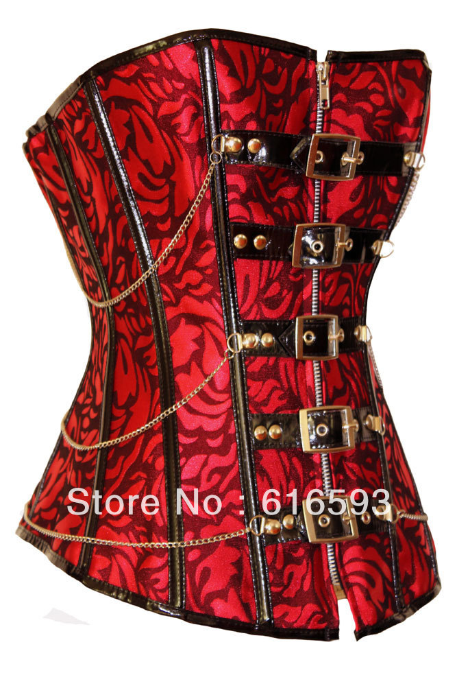 Free Shipping LC5275 Punk Style Zipper Buckle Belt Closure Front Lace-up Back Pattern Printing Chain Sided Linked Corset Red