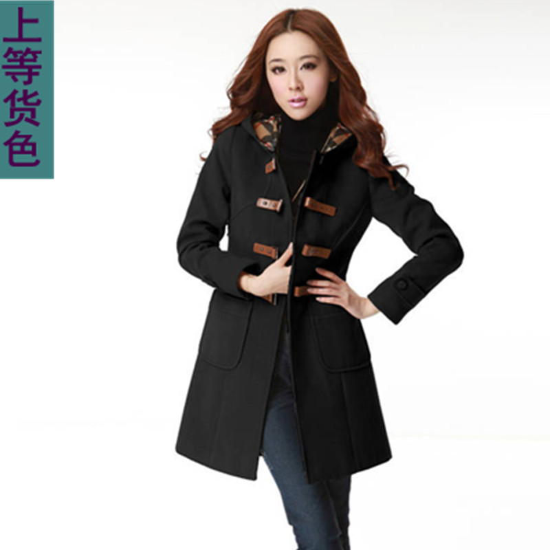 Free shipping-Leather buckle on women's single breasted slim woolen outerwear medium-long with a hood amago wool  blends coat