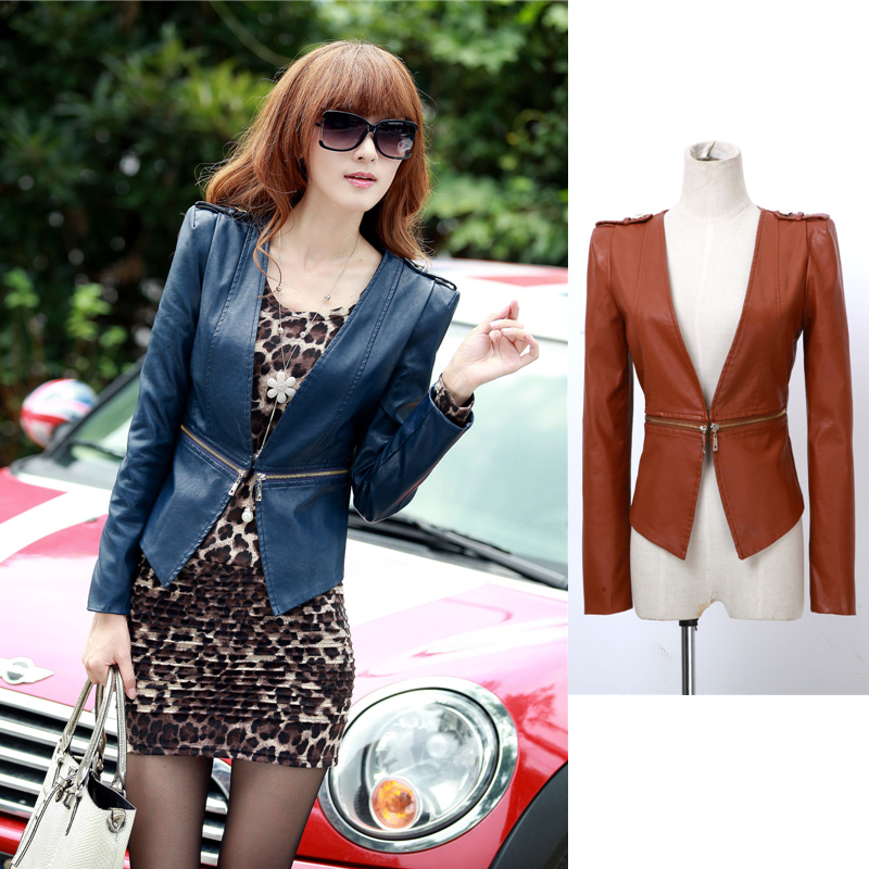 Free shipping! Leather clothing female short design 2013 slim V-neck PU fashion top female water washed leather coat