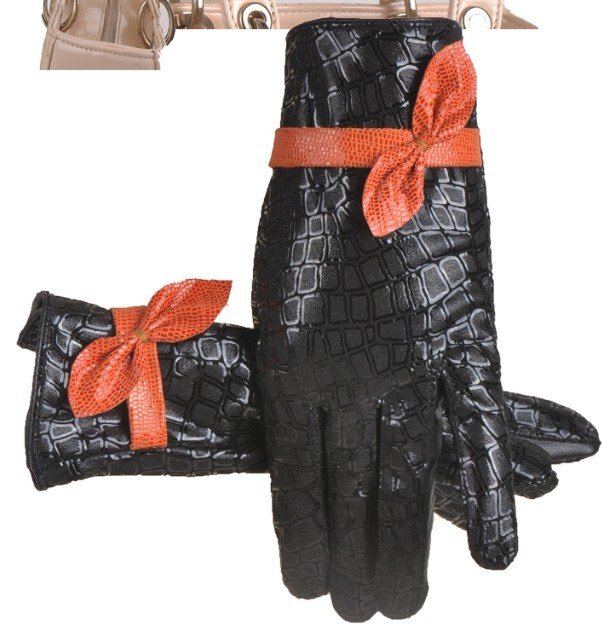 free shipping leather gloves women's winter fashion sheepskin genuine leather gloves bow plus velvet