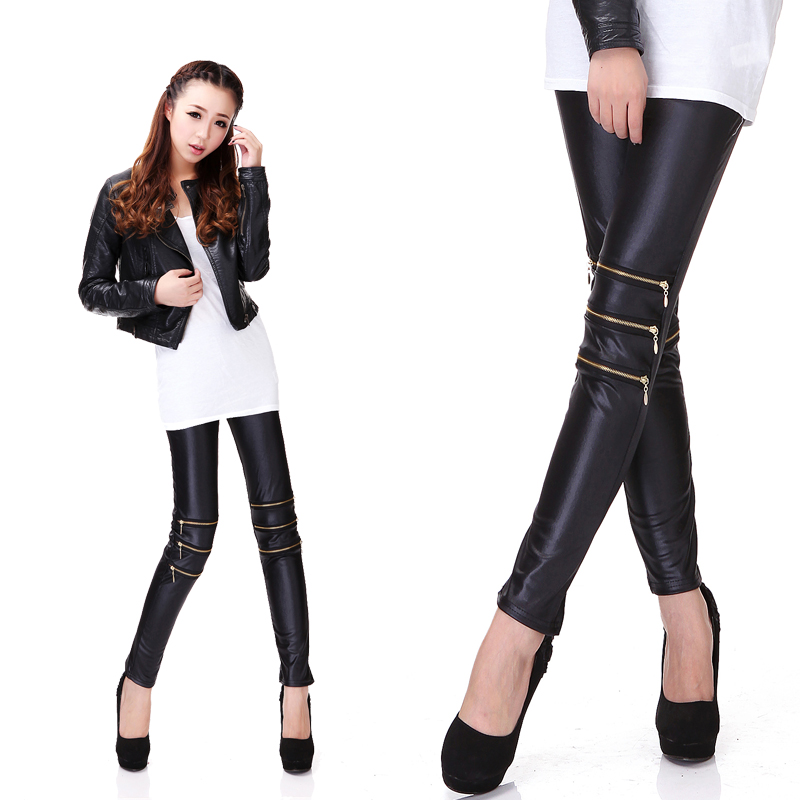 Free Shipping Leather patchwork legging fashion legging faux leather zipper legging faux leather pants