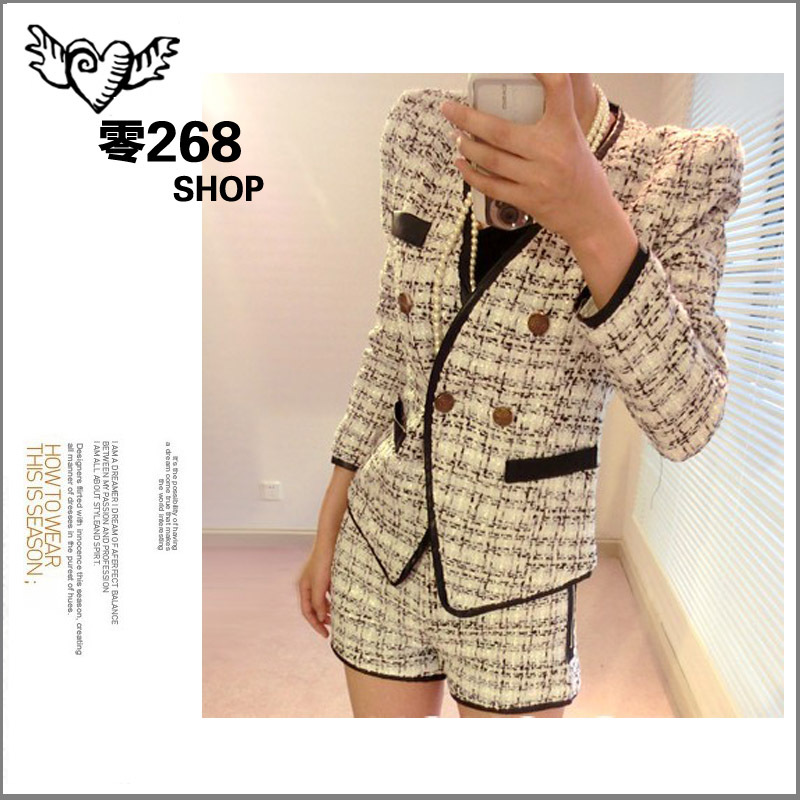 free shipping Leather patchwork small set tweed fabric set outerwear