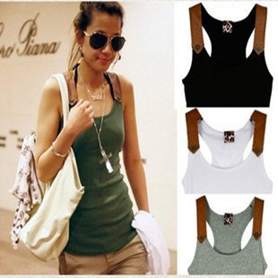 Free shipping,leather shoulder women's candy solid color cotton strap basic shirt/ tank camis, 4 colors, Free size