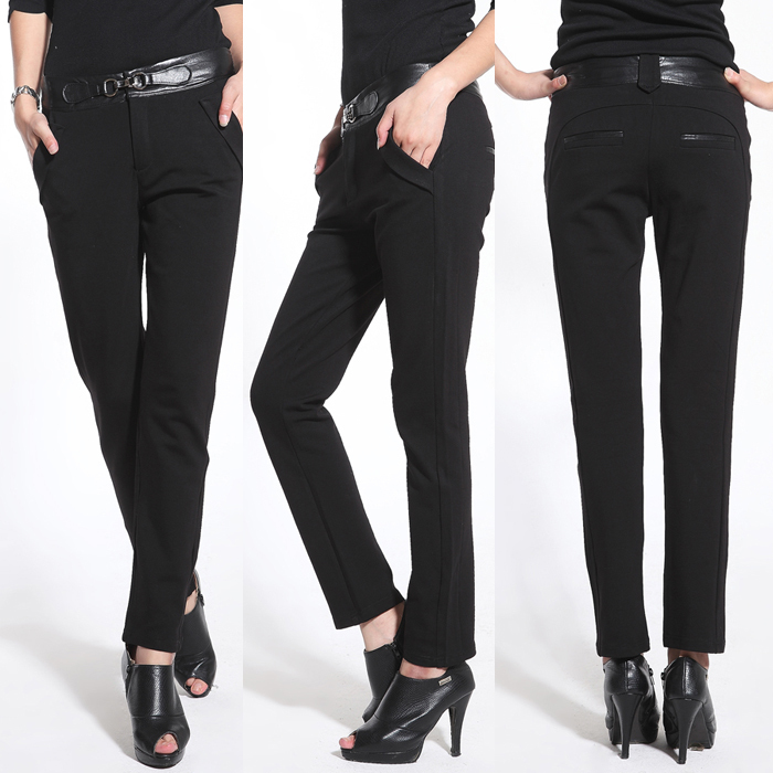 Free shipping Legging 2012 personality slim female black mid waist leather patchwork elastic legging