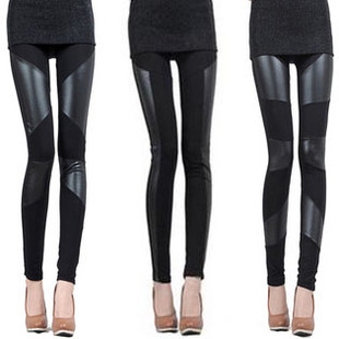 free shipping Legging female senior combed cotton patchwork faux leather casual plus size elastic pencil pants