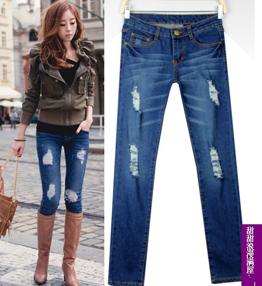 Free Shipping Legs butt-lifting repair hole elastic denim skinny pants pencil pants denim trousers a9488