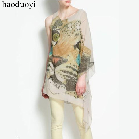 Free Shipping Leopard head print one shoulder irregular sweep design chiffon shirt 6 full