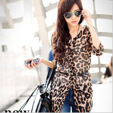 Free shipping leopard Match belt irregular hem long sections leopard shirt chiffon blouse with buttons leopard blouses FT00087