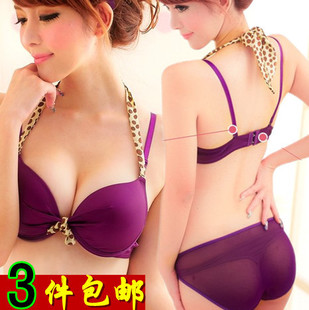 free shipping! Leopard print 3 halter-neck bra glossy push up bikini underwear sexy 2 shoulder strap set