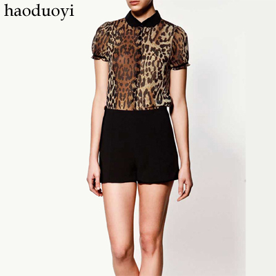 Free Shipping  leopard print chiffon puff sleeve vintage small lapel women's short-sleeve shirt 6 full