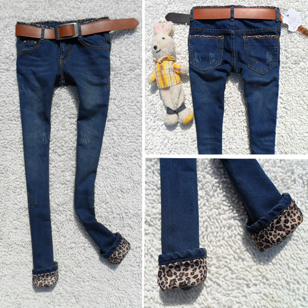 Free shipping Leopard print fashion blue wearing white cat jeans female roll-up hem skinny pants tight pencil pants