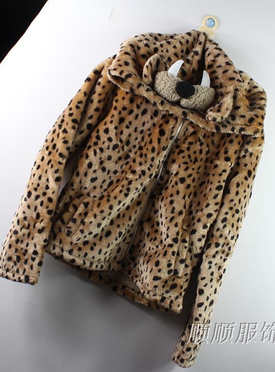 free shipping Leopard print outerwear female winter ear vivi thickening berber fleece faux hooded