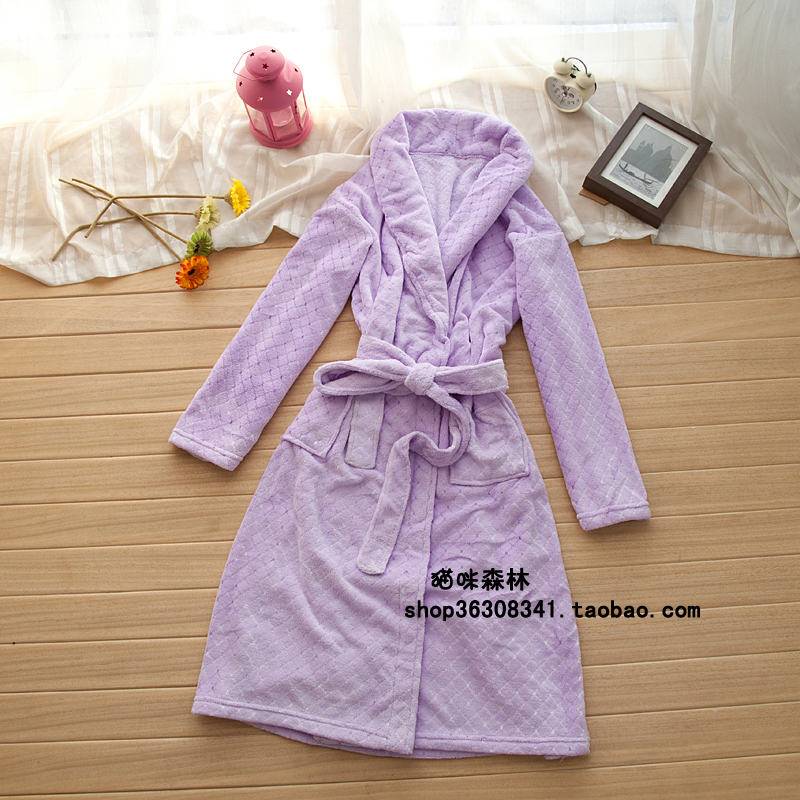 free shipping Lilac unique coral fleece elegant bathrobe robe 0.85kg