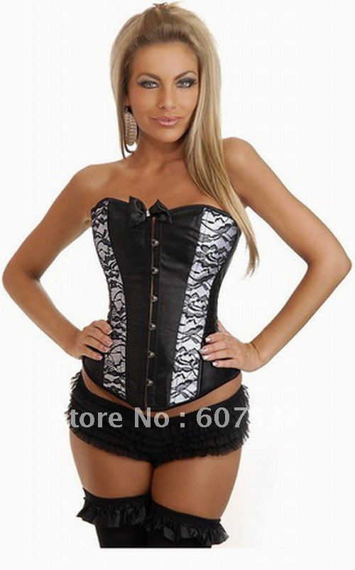 Free shipping  Lingerie Sexy Black Lace Up Trimmed Satin Corset Factory Wholesale + Drop Shipping