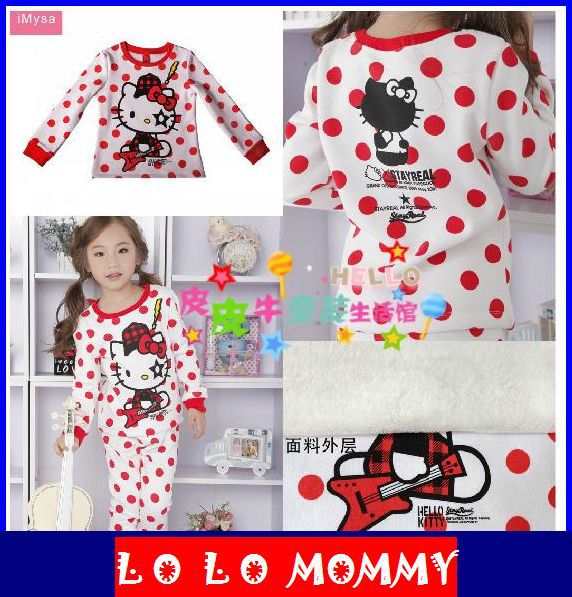 Free Shipping [LoLo Mommy] Girls Lovely Hello Kitty Thick Velvet Thermal Underwear Pajamas Winter Autumn,90-130cm