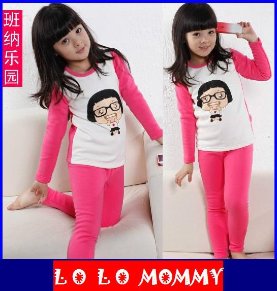 Free Shipping [LoLo Mommy] Kids Girls Boys Winter Thick Velvet Warm Sleepcoat Underwear Suit,110-160cm+Free Shipping