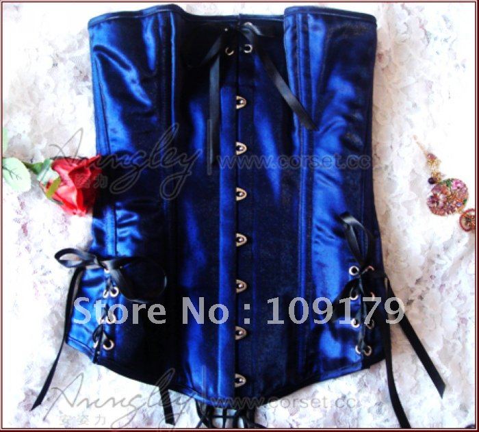 Free Shipping! Long 100% Genuine  Steel Boned Waist Cincher Satin Blue Underbust Corset  Bustier