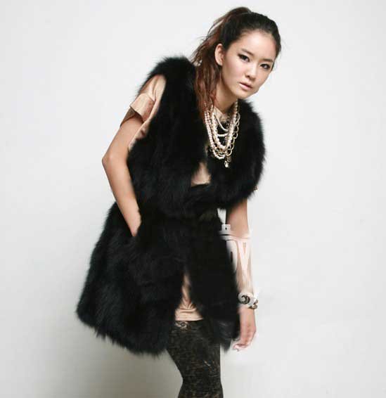 Free shipping Long Fox fur vest fur vest jacket 100% fox fur  black