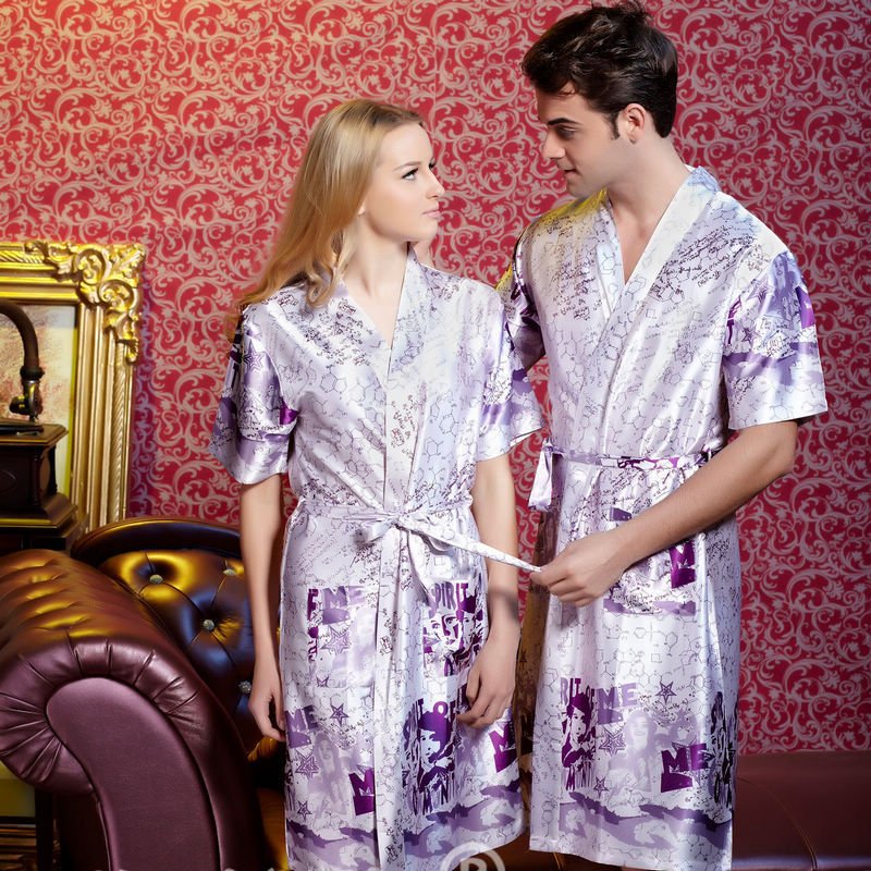 Free  shipping!Long-sleeve bathrobes lovers silk sleepwear silk nightgown robe sexy purple!Wholesale!