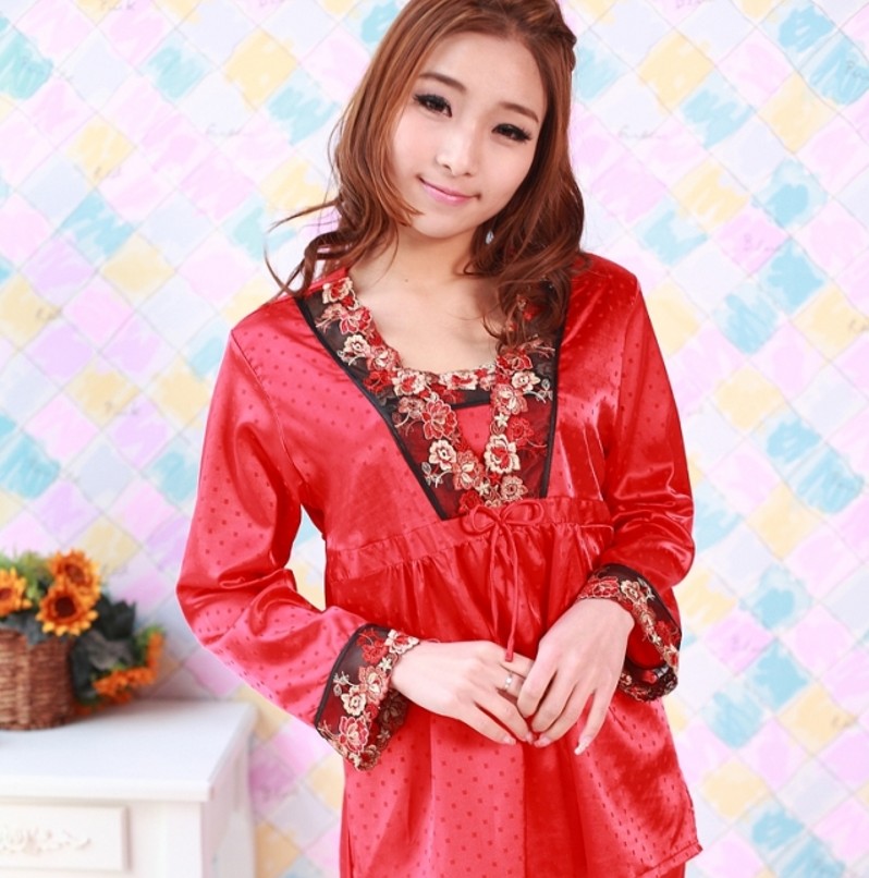 free shipping Long-sleeve red sleepwear twinset spring and summer thin women's faux silk sexy sleepwear lace marriage red