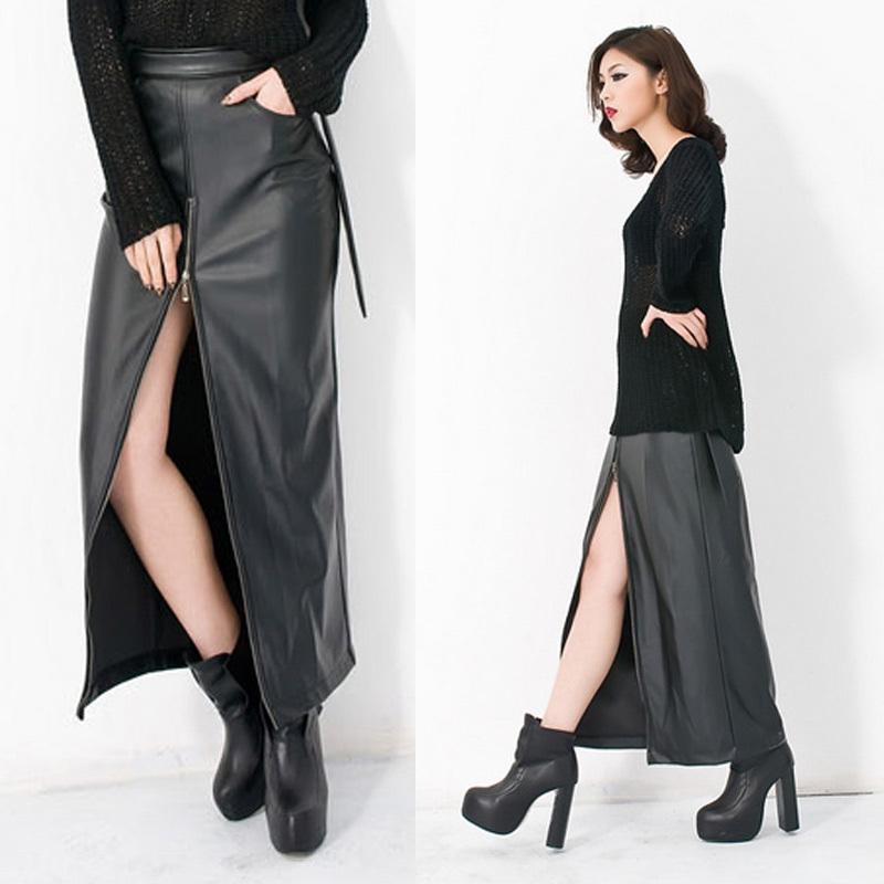 Free shipping Long zipper n slim hip sexy vintage waist pack skirt leather skirt full bust skirt customize