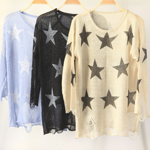 Free shipping LOOSE Star Print Distressed Frayed Jumper Hole Knitwear Sweater Pullover SW04