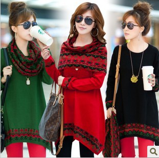 Free shipping Loose women's long-sleeve sweater outerwear plus size sweater one-piece dress muffler scarf