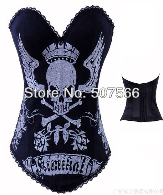 Free Shipping Lord Skull Printed Best Selling Elasticity Cotton Rhinestone Sex Lingerie/Bustier/Sexy Corset +G String./Size S-XL