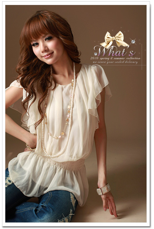 free shipping Lotus Leaf Sleeve Round Collar Blouse Chiffon Apricot Q10050403