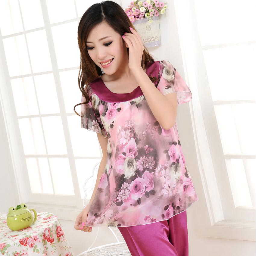 Free shipping Lounge faux silk summer women's nightgown sleepwear twinset female summer paragraph sexy