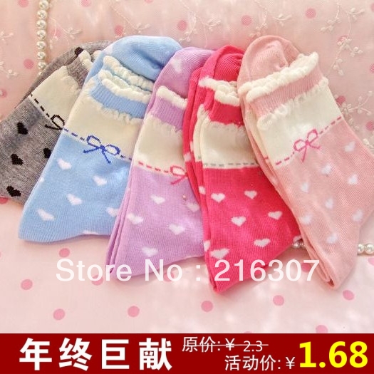 Free Shipping love dot socks laciness bow socks 100% cotton socks vintage socks