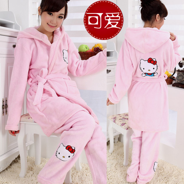 Free Shipping Lovely kt cat sleepwear female thickening coral fleece robe lacing pajama pants twinset princess pink