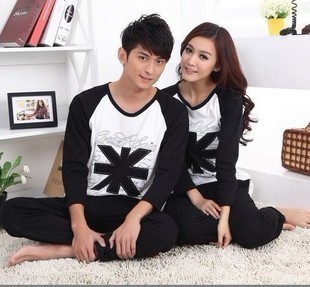 Free Shipping ! Lovers long-sleeve sleepwear female 100% cotton long-sleeve set lounge plus size mm sleepwear