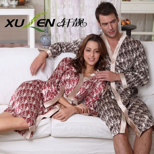 Free Shipping Lovers sleepwear silk faux silk sexy at home service summer male women's summer lounge robe bathrobes