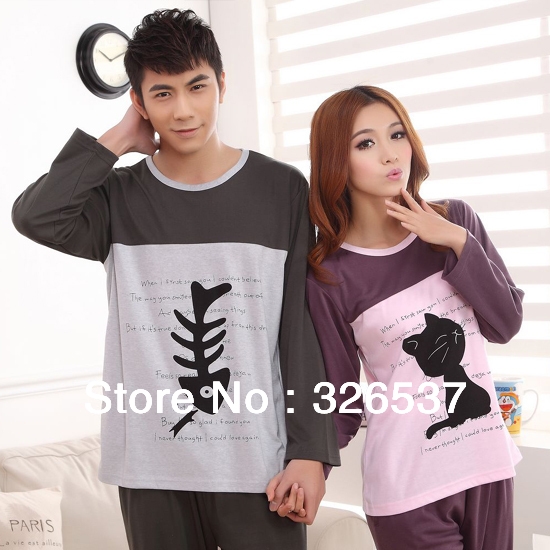 Free shipping!Lovers sleepwear spring and autumn long-sleeve cotton Couple pajamas set lounge set Tracksuit Pyjamas fish and cat