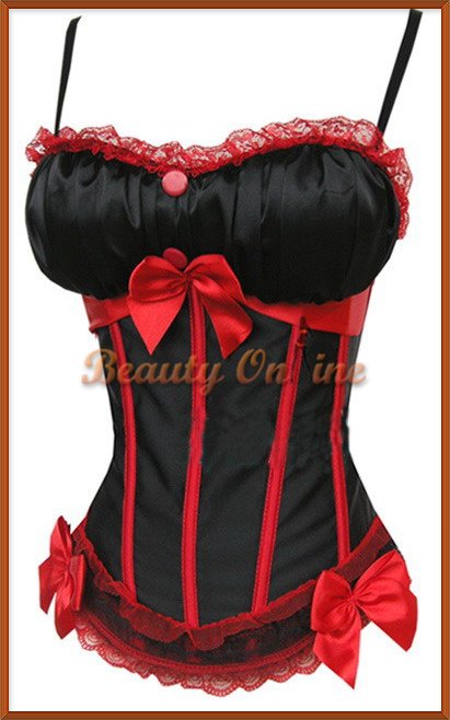 Free shipping + Lowest price!! NEW SEXY Red and Black Three Bows and Lace Corset