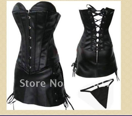 Free shipping! Luxurious Faux Leather Corset with Skirt body lift shaper 2012 hot Sexy Lingerie Leather Lingeries red black QK28