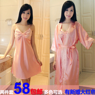 FREE SHIPPING Luxury faux silk women's robe red sleepwear female spring and summer spaghetti strap nightgown robe twinset